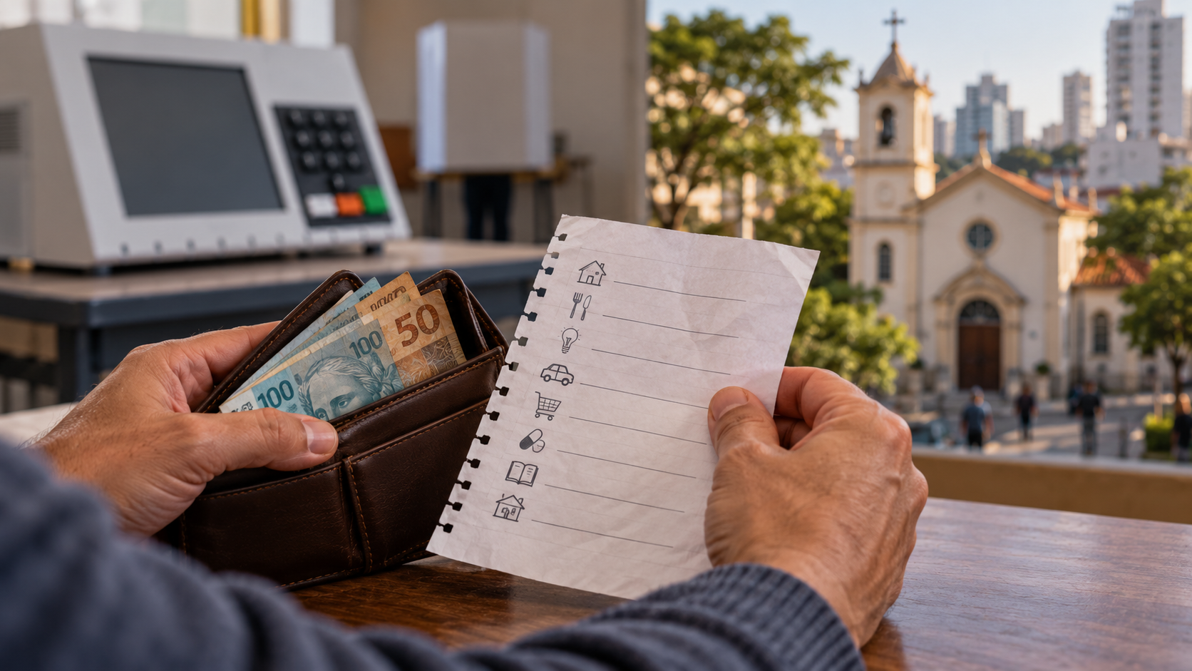 Ilustração: eleitor avalia despesas domésticas antes de votar, com igreja ao fundo