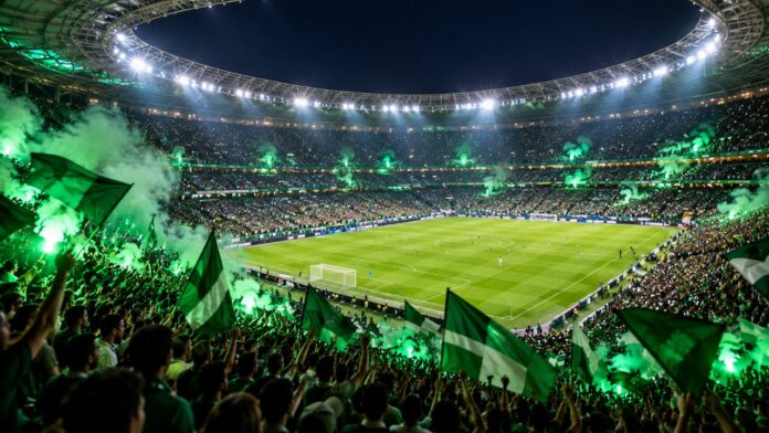 Estádio de futebol lotado à noite em jogo decisivo